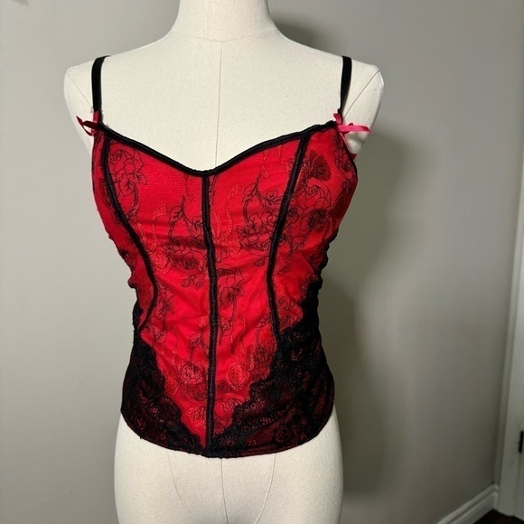 Vintage Red Black Lace Corset Top  Y2K Gothic Whimsigoth Coquette Lingerie 34B - Picture 4 of 9